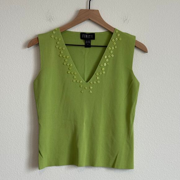 Vintage FINITY Lime Green Button Detail V-Neck Sleeveless Knit Top  L Stretch - Picture 2 of 8